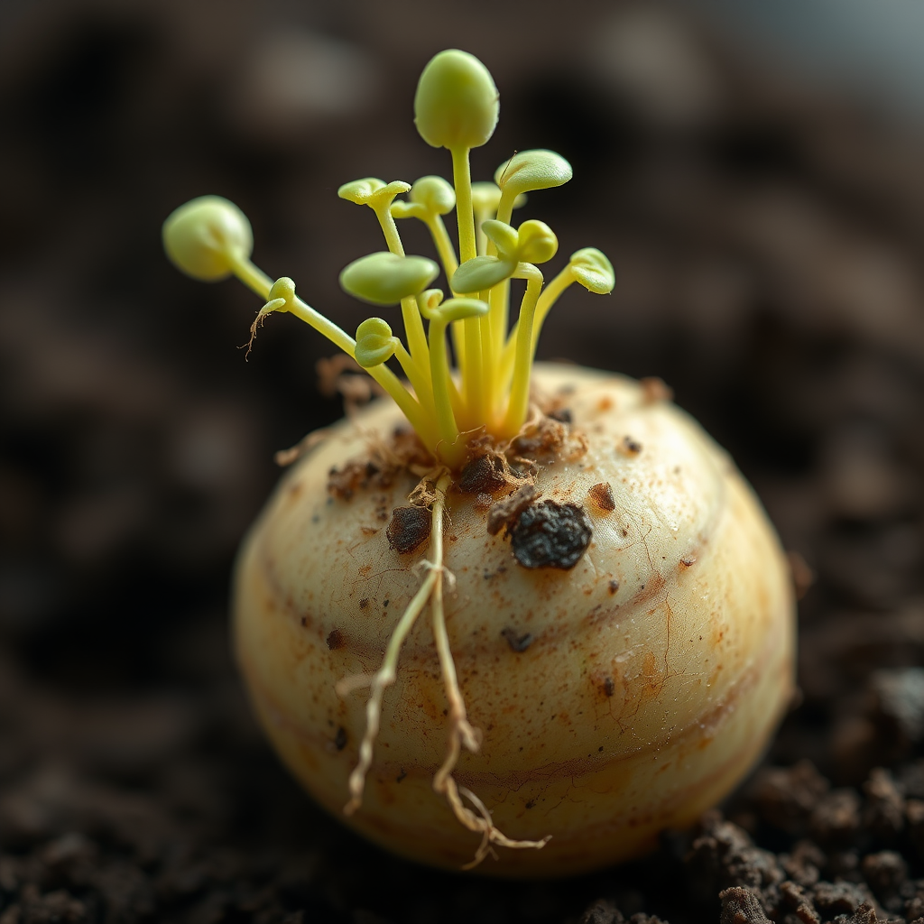 Capture a close-up shot of a sprouting potato with unique roots, using a macro lens at f/2.8, ISO 100, 1/200 sec exposure, a shallow depth of field, and soft diffused lighting for enhanced texture and detail.