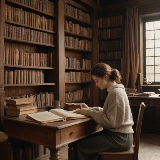 Old library with towering bookshelves, the smell of aged paper filling the air, a woman in a cozy sweater sits at a wooden desk, poring over a large, ancient-looking book.