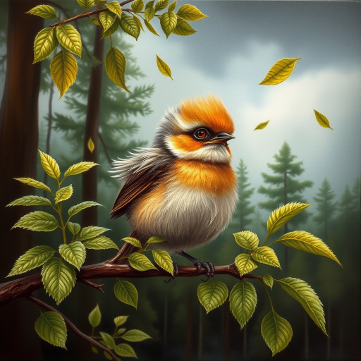 airbrushed oil painting,  a cute little bird, sitting on a branch with lush leaves, startled eyes, his feathers ruffled and blown up, leaves in the air, background bending trees in a forest, storm clouds