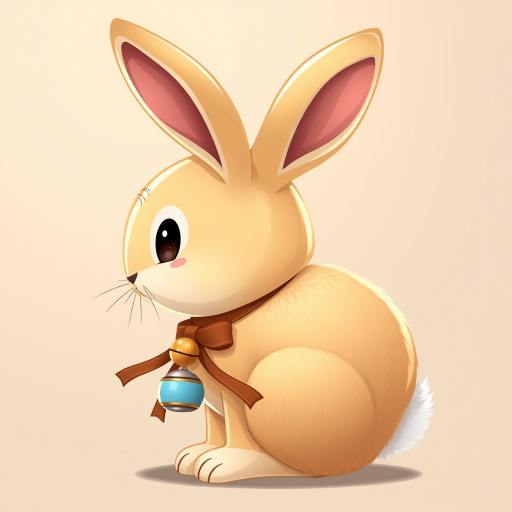 Create a high-resolution digital illustration of a cute cartoon rabbit with a shiny golden coat, wearing a brown ribbon around its neck and a bell, from a side view, using a soft color palette, in a studio lighting setup, shot with a DSLR camera at f/2.8 aperture and 50mm lens.