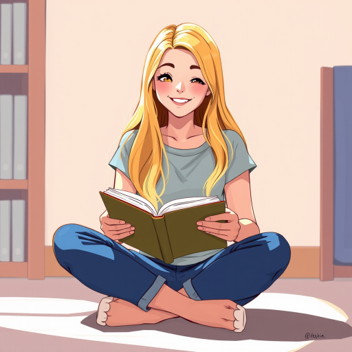 A young woman with long blonde hair sitting cross-legged on the floor, smiling while reading a book, bright colors, soft lighting, 85mm lens, aperture f/1.8, ISO 200, shallow depth of field, digital illustration style.