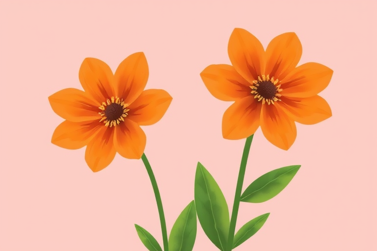 generate an illustration of two stylized flowers with orange petals and green leaves on a soft pink background, using a high-resolution digital art style, with a soft focus lens, aperture f/2.8, 50mm focal length, shot in natural light for enhanced colors and details