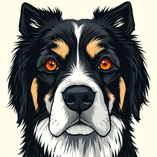 Create a detailed illustration of a black and white dog with striking amber eyes. The dog's face should be prominent and expressive, featuring a mix of fur textures. The background should be a soft, neutral color to enhance the dog's features. The overall style should be bold and graphic, emphasizing the dog's unique characteristics.