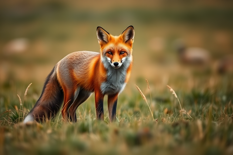 red fox standing in a grassy field, captured with a Canon EOS 5D Mark IV, 85mm lens, aperture f/1.8, ISO 100, natural light, shallow depth of field, focus on the fox, soft bokeh background
