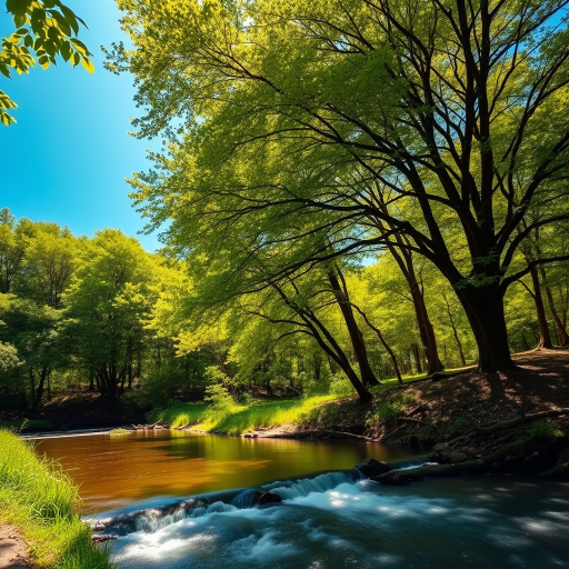 Create a vibrant and detailed image of a nature landscape featuring lush green trees, a clear blue sky, and a flowing river, using a DSLR camera with a 50mm lens, aperture set to f/1.8, ISO 100, and shot in RAW format, with a wide-angle view to capture the expanse of the scene.