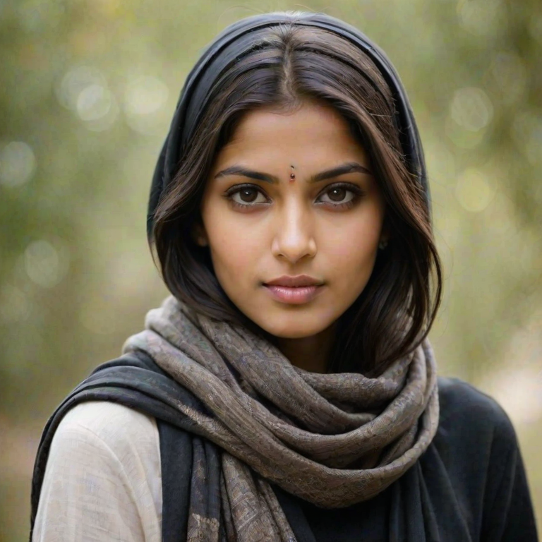 Create a portrait of a young Indian woman with long, dark hair and captivating hazel eyes. She is wearing a black headscarf and a matching scarf draped gracefully around her neck. The background is softly blurred, focusing attention on her serene and natural expression. The overall color palette is muted and warm, enhancing the intimate and authentic feel of the portrait.
