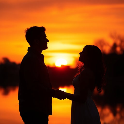 silhouette of a couple embracing at sunset with vibrant orange sky and reflection in water, taken with a Canon EOS 5D Mark IV, 50mm lens, f/8 aperture, 1/200s shutter speed, positioned at eye level with a warm color filter for enhanced sunset tones