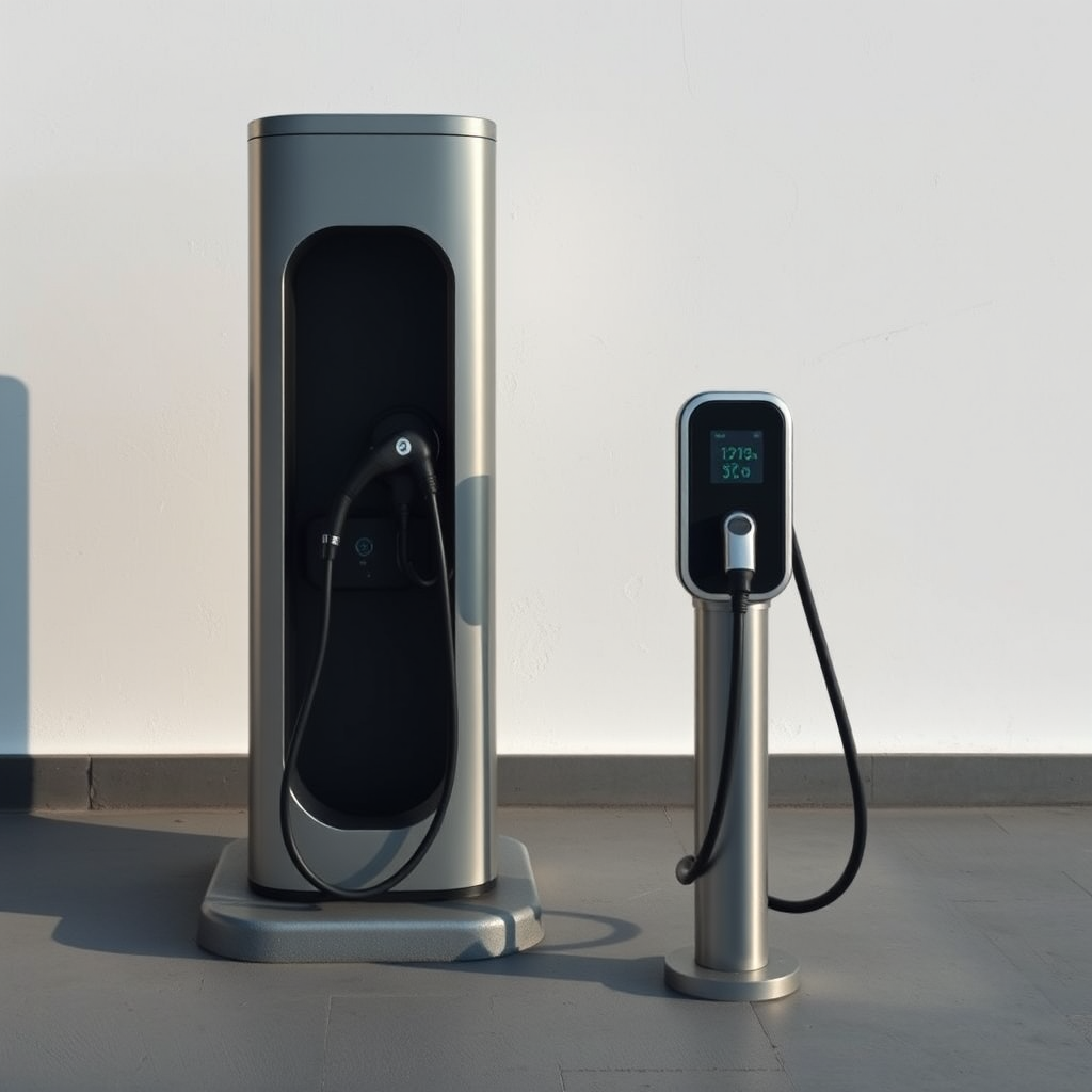 Generate a high-resolution image of an electric vehicle charging station against a simple background, using a Canon EOS R5 with a 50mm f/1.8 lens, aperture at f/4, ISO 100, and a soft natural light setup to enhance clarity and detail.