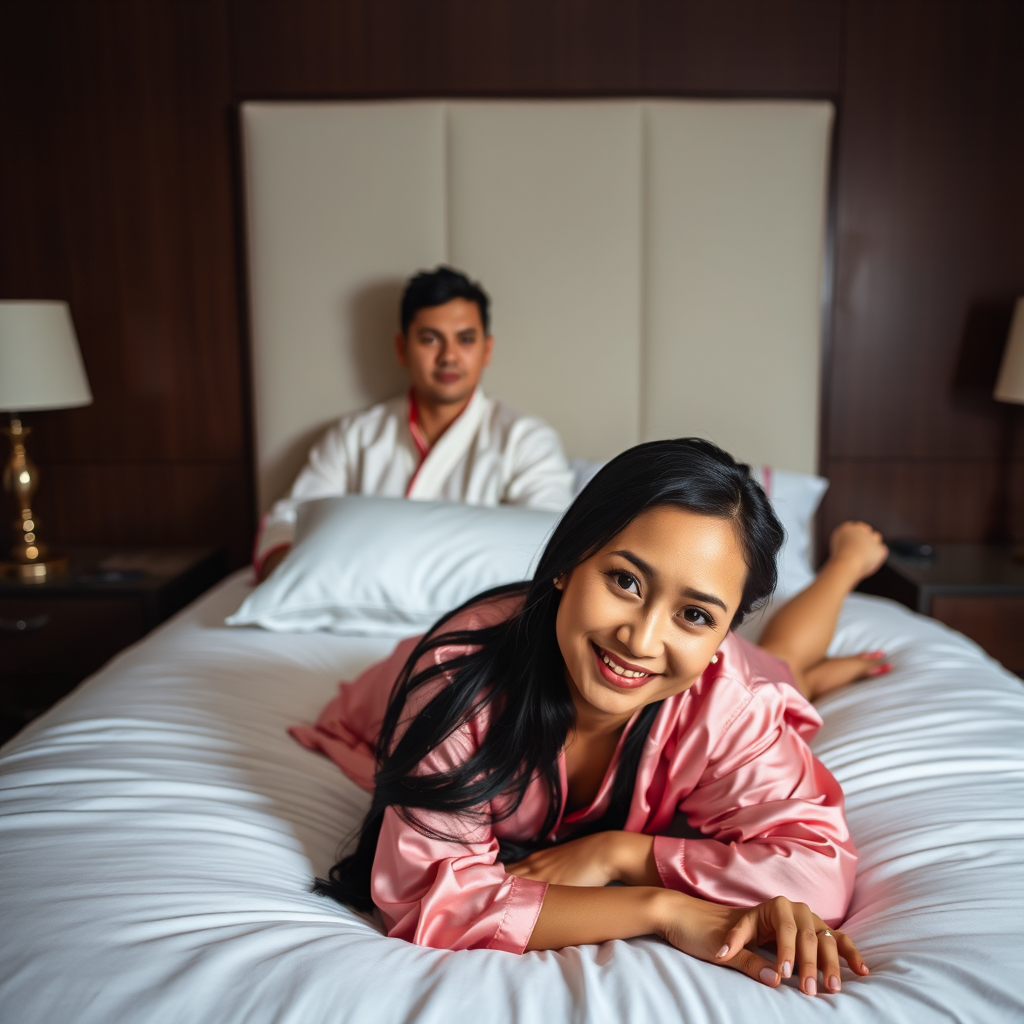 A man and a woman are lying on a bed in a dimly lit bedroom. The woman is in the foreground, lying on her stomach and looking directly at the viewer with a smile. She is wearing a pink silk robe and has long black hair. The man is sitting up in the background, looking directly at the viewer with a neutral expression. He is wearing a white silk robe with a red trim and has short black hair. The bed is white and has a white pillow at the head of the bed. There are two lamps on nightstands on either side of the bed, and the walls are a dark brown. The overall atmosphere is warm and inviting, with a soft focus on the subjects.