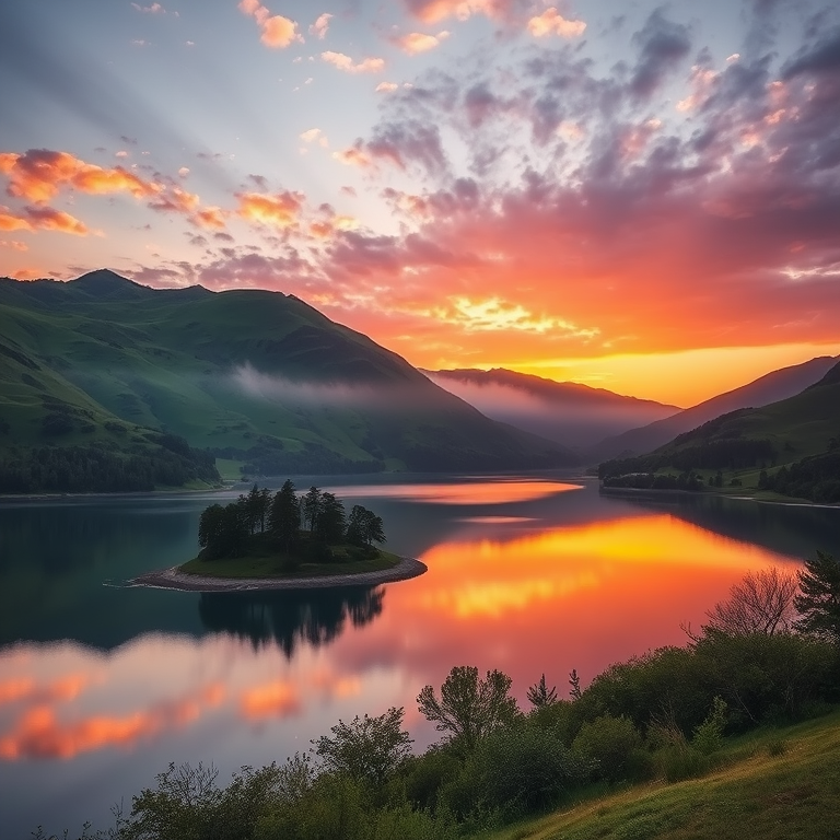 Create a serene landscape at sunset with lush hills, reflective water, and a small island with trees, using a Canon EOS R5, 24mm f/1.4 lens, f/8 aperture, ISO 100, and a soft focus style for enhanced detail and color saturation.