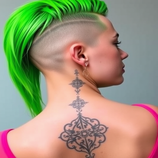 Daring hair style revealing an undercut design with intricate patterns shaved into the nape and vibrant neon green long top layers