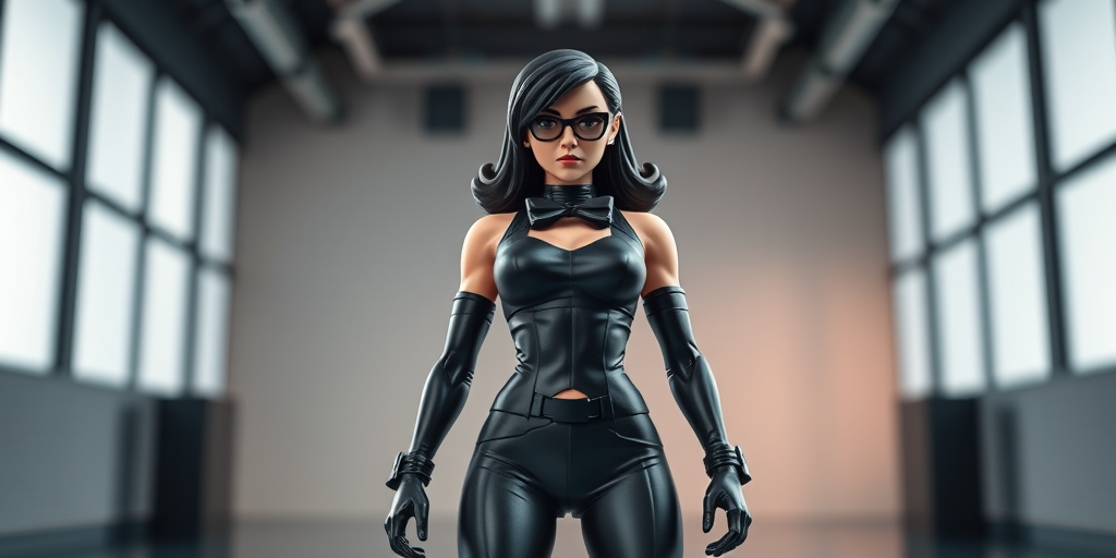 Create an image of a stylish action figure female character in a sleek black outfit with a bow, standing confidently in a well-lit studio setting, using a DSLR camera at f/2.8 with a 50mm lens, shooting from a slightly low angle, with soft focus on the background to enhance clarity.