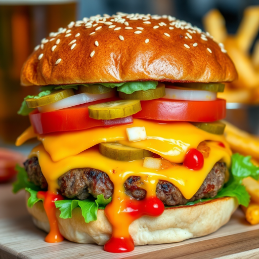 High-resolution, close-up image of a gourmet double cheeseburger. The burger features a glossy, sesame-seed-topped brioche bun. Inside, there are two thick, juicy beef patties, each topped with melted cheddar cheese. The burger is garnished with fresh lettuce, tomato slices, diced onions, and pickles. A generous amount of ketchup and a creamy, orange-colored sauce is dripping down the sides, adding to the mouth-watering appeal. In the background, there are blurred elements including a side of golden French fries and a hint of a beverage, enhancing the overall presentation of a delicious meal.
