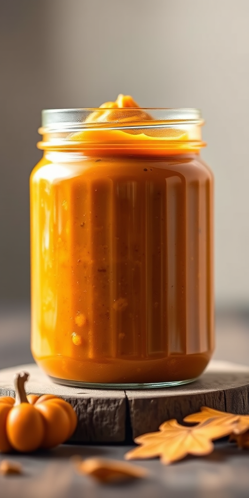 Generate a high-quality digital illustration of a jar containing pumpkin puree, using a soft focus effect, with a neutral background and vibrant colors, captured with a DSLR camera at f/2.8, ISO 100, and a 50mm lens to enhance detail and depth.