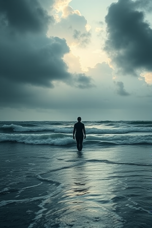 Create a serene image of a figure walking on stormy waters under dramatic clouds, capturing an ethereal quality with soft lighting, using a Canon EOS R5 with a 24-70mm f/2.8 lens, aperture set to f/4, shutter speed 1/250s, and ISO 100 for high detail and clarity.