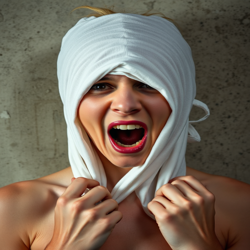 Create a close-up photographic image of the head and torso of a person with light skin tones shown against an old, worn wall. Their head is wrapped in a white cloth covering (i.e.... parts of the head except the nose and mouth, which are open as if they are screaming...), with a slight texture and visible folds in the fabric. Thin strands of blonde hair escape from the wrapping above, falling lightly at the top and sides. Their hands hold the fabric as if they are tugging nervously. The lighting is dramatic and even, casting strong shadows. The image has a minimalist and surreal style with an emphasis on simplicity with soft color tones. The composition is centered.