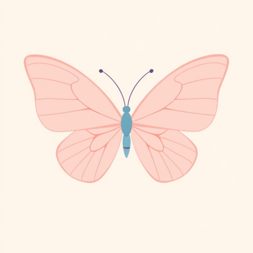 Create a minimalist illustration of a butterfly with two large wings. The wings should be in soft pink and light blue shades, with a simple, elegant design. Add delicate antennae and a subtle outline for the butterfly's body. The background should be light and unobtrusive.