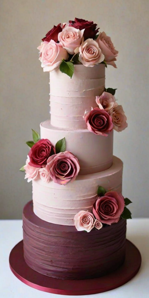 Create a three-tiered cake with a textured finish. The bottom layer should be a deep burgundy color, the middle layer a muted mauve, and the top layer a soft pink. Adorn the cake with realistic-looking sugar flowers, including deep red roses, soft pink roses, and a few greenery accents. The overall design should be elegant and sophisticated, suitable for a wedding or special occasion.