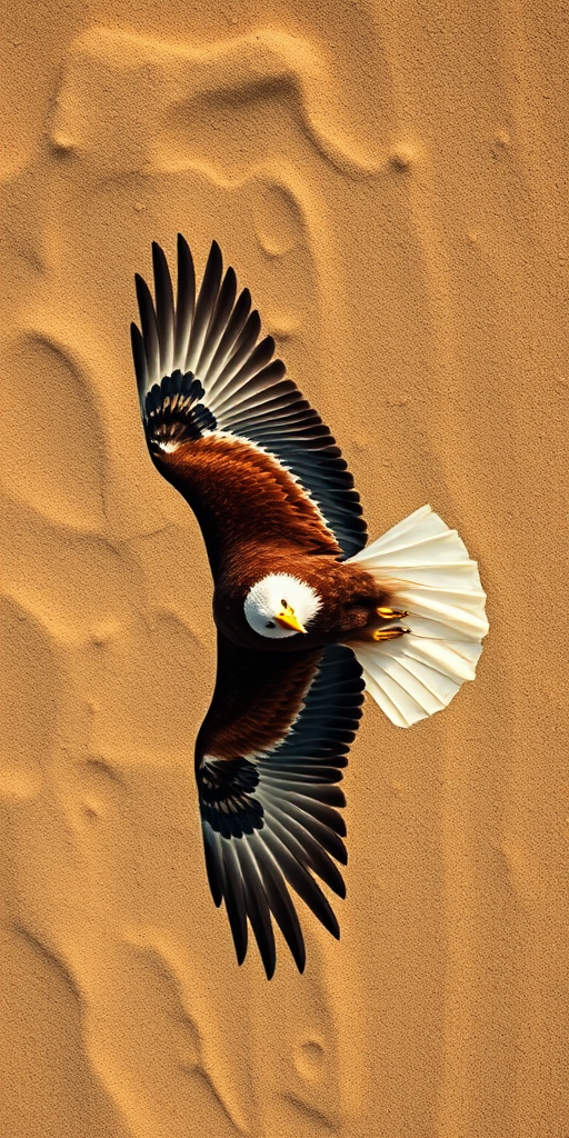 Create a detailed illustration of an eagle in flight with a textured sandy background, using a DSLR camera with a 50mm lens, aperture f/1.8, shutter speed 1/250s, ISO 200, top-down view, high dynamic range style for enhanced clarity and colors.