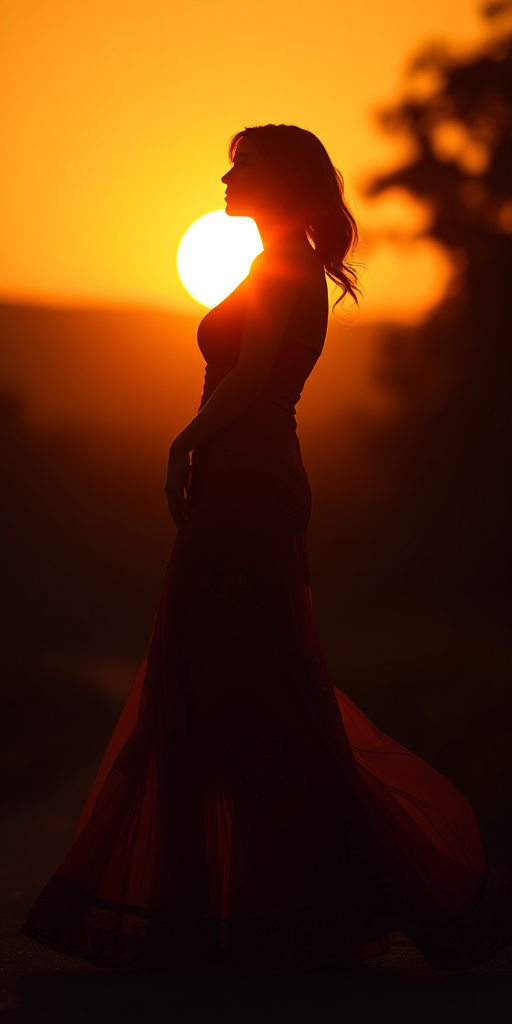 Create a high-contrast silhouette of a woman in a flowing dress standing in profile, sunset background with warm hues, shoot with a Canon EOS R5, aperture f/2.8, shutter speed 1/200s, ISO 100, 24mm lens, soft focus with a slight vignette effect.