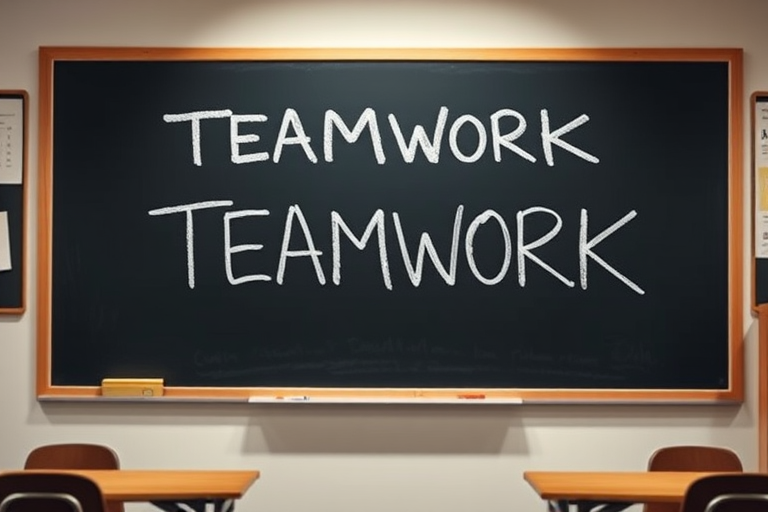 Create an image of a blackboard with the word "TEAMWORK" written in chalk and small stick figures above the text, captured with a DSLR camera at f/2.8 aperture, 1/60 shutter speed, 50mm lens, in a well-lit classroom setting with a shallow depth of field to enhance focus on the blackboard.