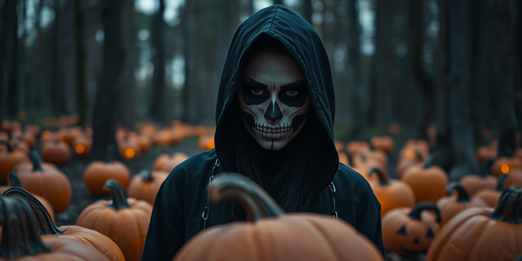 A mysterious woman with skull makeup wearing a dark hood, surrounded by illuminated pumpkins in a forest at dusk, shot with a Canon EOS R5, 50mm lens, f/1.8 aperture, ISO 200, 1/60s shutter speed, natural lighting with a slight glow from the pumpkins, cinematic style.
