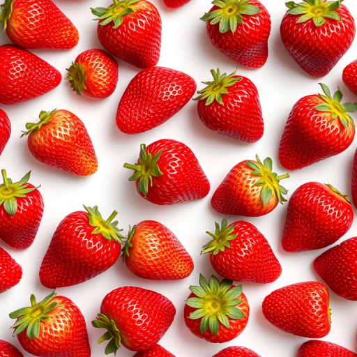 Create a seamless pattern of strawberries in various shades of red and pink on a white background, use a Canon EOS 5D Mark IV with a 50mm lens, aperture set to f/5.6, ISO 100, and a top-down view to enhance color vibrancy and clarity.