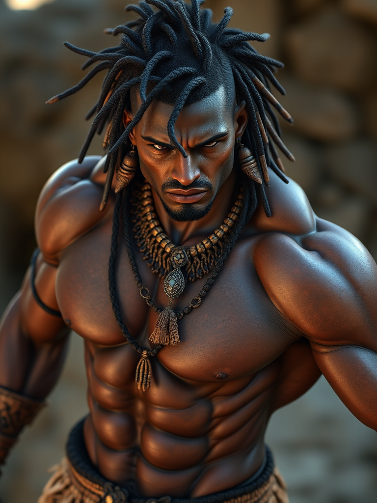 Regenerate a high-resolution image of a muscular humanoid character with dark skin and tribal features, showcasing intricate jewelry and an expressive pose, captured with a DSLR camera at f/1.8, ISO 100, and a 50mm lens from a 45-degree angle for dynamic depth, utilizing natural lighting to enhance skin texture and detail.