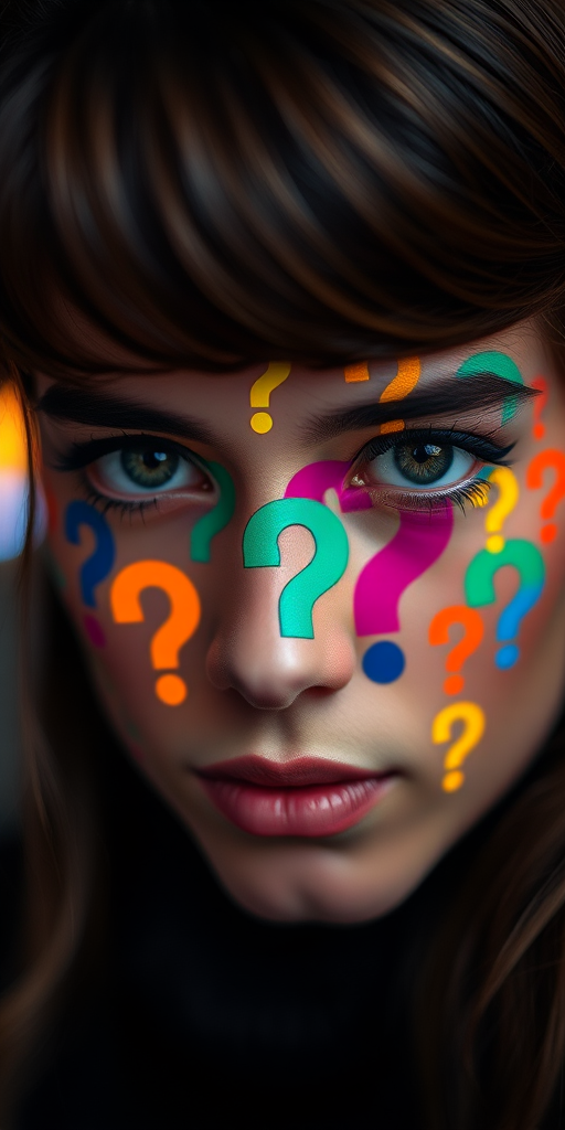 Create an artistic close-up portrait of a person with a surreal pattern of colorful question marks overlaying their face, using a DSLR camera with an aperture of f/1.8, ISO 200, 50mm lens, shallow depth of field, and vibrant bokeh in the background for enhanced image quality.