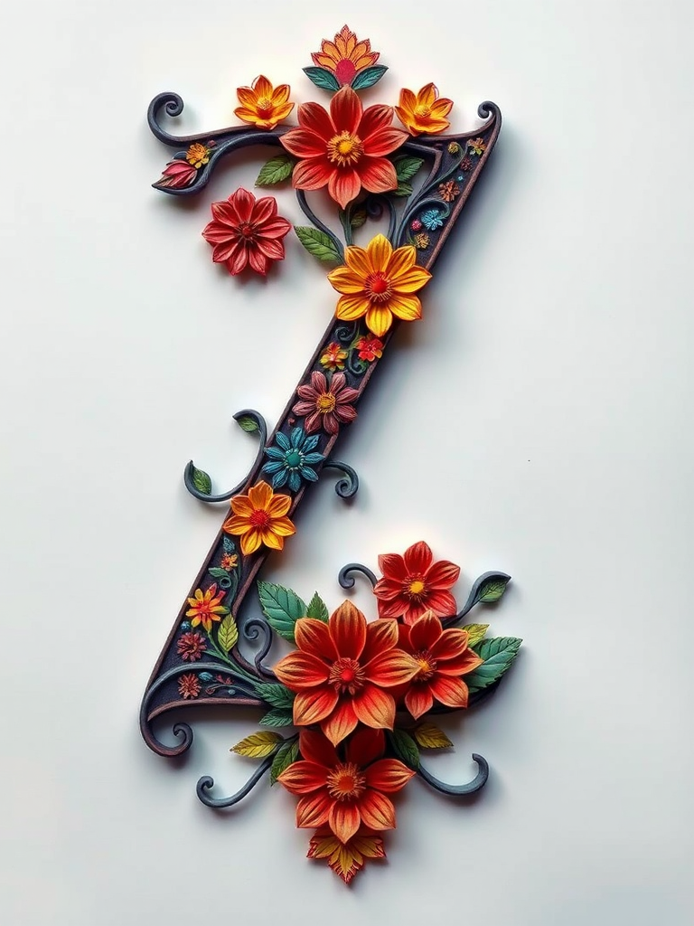 Create an ornate letter Z with intricate floral designs in vibrant colors, captured with a DSLR camera, 50mm lens, f/2.8 aperture, ISO 100, in a well-lit studio setting, top-down view, high-resolution.
