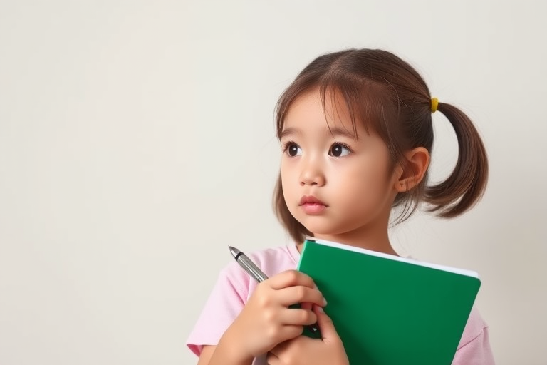 A young girl holding a green notebook and a pen, looking thoughtful, with a plain light-colored background, shot with a Canon EOS R5, 50mm lens, f/2.8 aperture, ISO 100, natural light, portrait orientation.