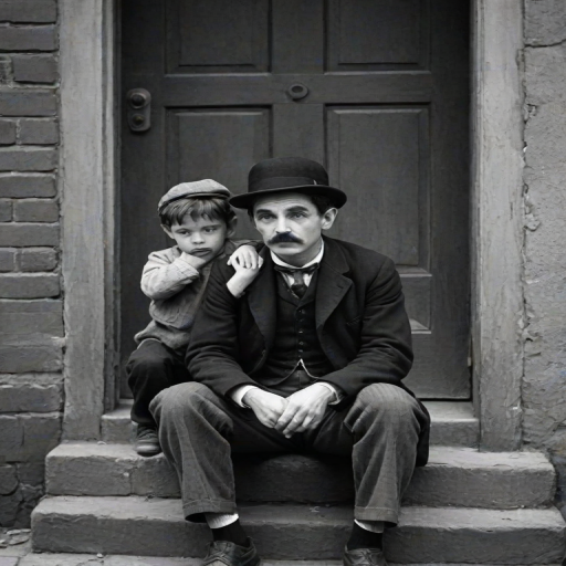 A black-and-white photograph of a man and a child sitting on steps in front of a doorway. The man is dressed as a tramp with a bowler hat, mustache, and ragged clothes, reminiscent of Charlie Chaplin's iconic look. He is sitting with his arms crossed and an expression of slight sadness or frustration. Next to him is a young boy, also in worn clothes and a cap, sitting with his hands clasped, looking thoughtful. The background is an old, textured wall and a partially open door, creating a vintage, early 20th-century atmosphere.