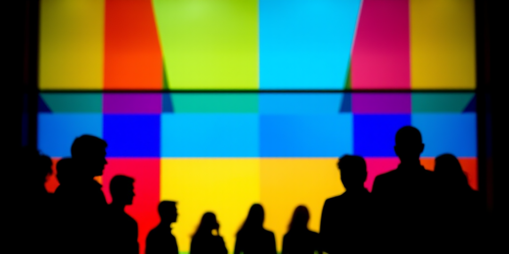 Create a colorful abstract composition of silhouettes in various shades, using a depth of field effect, captured with a DSLR camera at f/8 aperture, ISO 100, with a 50mm lens, top-down overhead view, and a high dynamic range for enhanced detail and contrast.