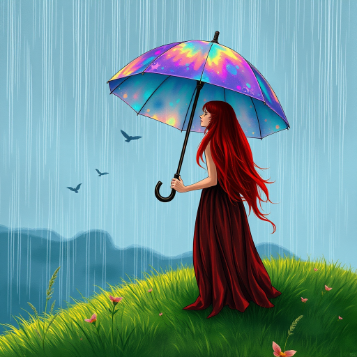 A surreal hand-drawn digital artwork depicting a mysterious red-haired woman standing on a grassy hill under the rain. She holds an umbrella crafted from iridescent zircon, its vibrant sheen contrasting with the soft, rainy atmosphere. The scene feels dreamlike, blending the natural elements of the hill and rain with the otherworldly shimmer of the umbrella.