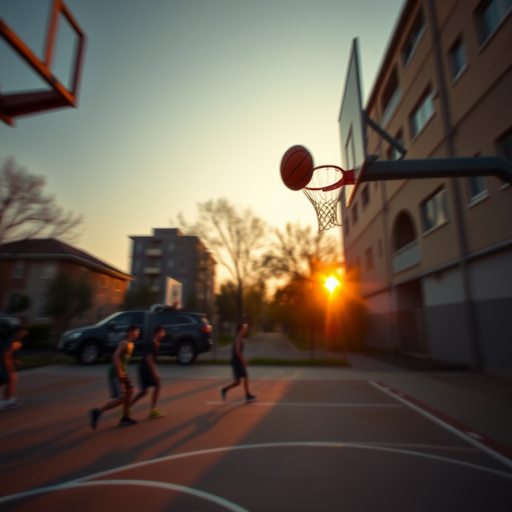 Blurry action shot of a street basketball game at dusk, the ball mid-flight toward the hoop, with soft orange light from the setting sun casting long shadows on the court and nearby buildings.