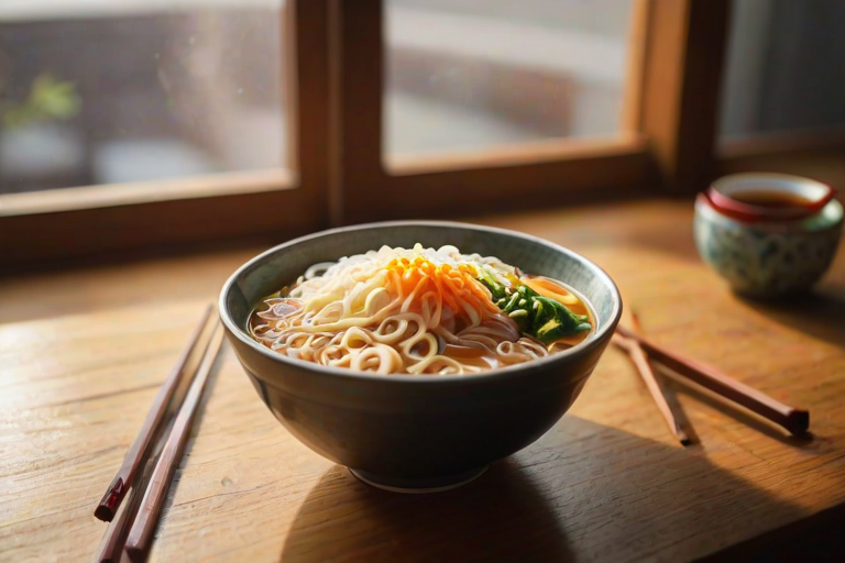 Warmly lit photo of a steaming bowl of ramen on a wooden table, with soft natural light from a nearby window highlighting the vibrant colors of the vegetables and a pair of chopsticks resting on the edge.