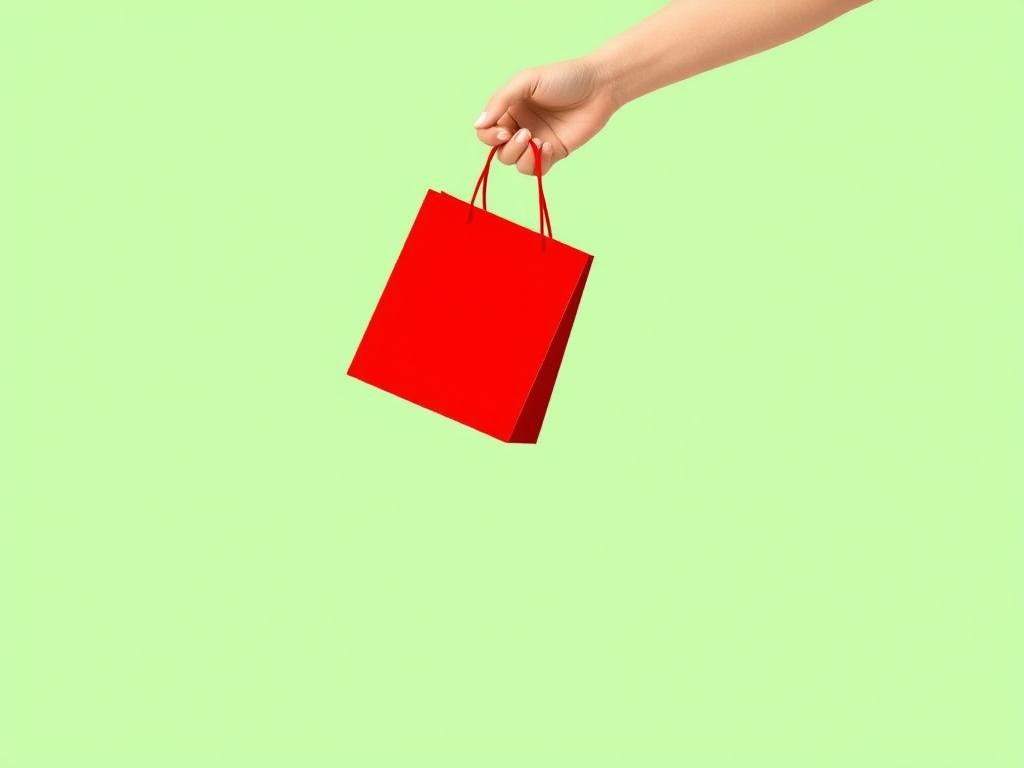 Create a minimalist illustration of a hand holding a bright red shopping bag against a solid pastel green background, captured in a digital art style with a 35mm lens, f/2.8 aperture, and soft lighting to enhance the colors and details.