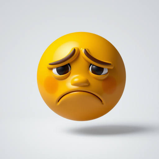 Create a 3D rendered image of a sad emoticon with droopy eyes and a frown, using a Canon EOS R5 camera, 50mm lens, f/1.8 aperture, 1/125 sec shutter speed, and soft lighting to enhance details and texture.