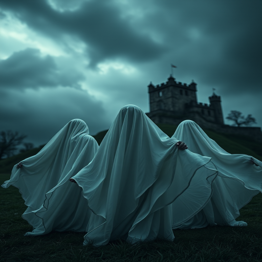 Regenerate an ethereal scene of ghostly figures shrouded in flowing white fabric, set against a dark, stormy sky with faint silhouettes of an ancient castle in the background, use a Nikon D850 with a 24-70mm lens at f/8, ISO 200, 1/60s exposure, shot from a low angle to emphasize the height of the figures while capturing moody atmospheric lighting.