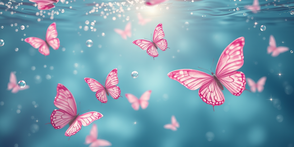 Create an image of a serene underwater scene with delicate pink butterflies floating amidst shimmering bubbles and soft, flowing water reflections. Add a gentle sparkle effect to enhance the ethereal quality of the composition.