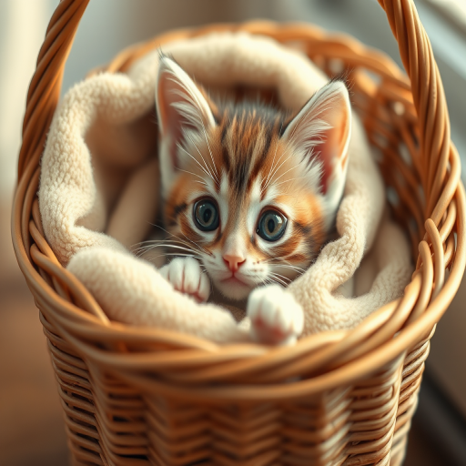 Create an illustration of a cute kitten resting in a cozy basket, wrapped in a soft blanket with large expressive eyes, in a soft-focus style, shot with a Canon EOS R5 at f/2.8, ISO 100, using natural light to enhance softness and detail.