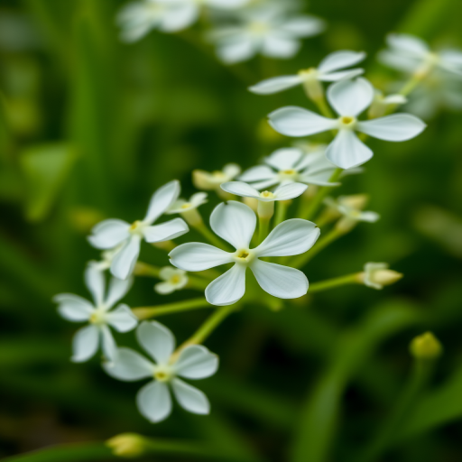 Close-up shot of delicate white flowers with lush green background, macro photography, 50mm lens, aperture f/2.8, 1/200s shutter speed, ISO 100, shallow depth of field, DSLR camera.