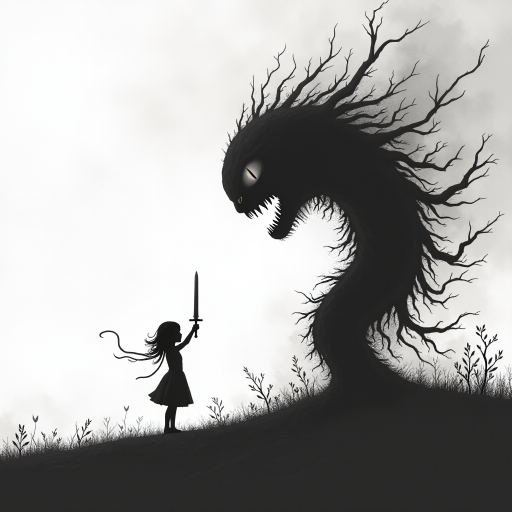 Fight your fears illustration of black and white minimalist of a little girl standing on a hill, raising a sword in hand, she is facing a large menacing creature with large head, sharp teeth and sharp claws, its body is made of vines and roots. The background is a cloudy sky with a hint of smoke or fog. The overall mood of the image is dark and eerie.