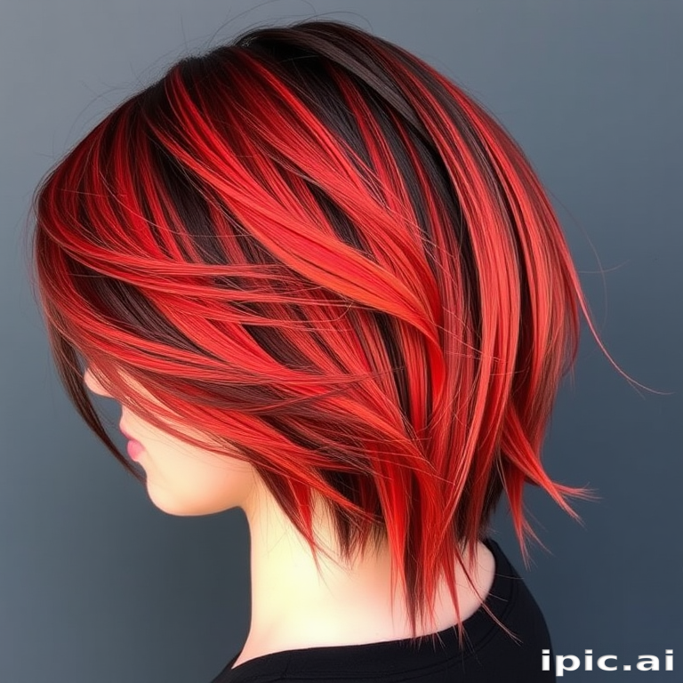 Molten lava locks blend deep reds and oranges with obsidian black, styled in a sleek, asymmetrical cut with ember-like glowing tips, radiating intense heat