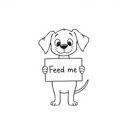 A minimalist cartoon of a PUPPY standing on a blank white background, holding a sign that simply says, 'Feed me.' The puppy is drawn with just a few lines: big eyes, whiskers, floppy ears, and a straight tail, giving it a comically desperate expression.