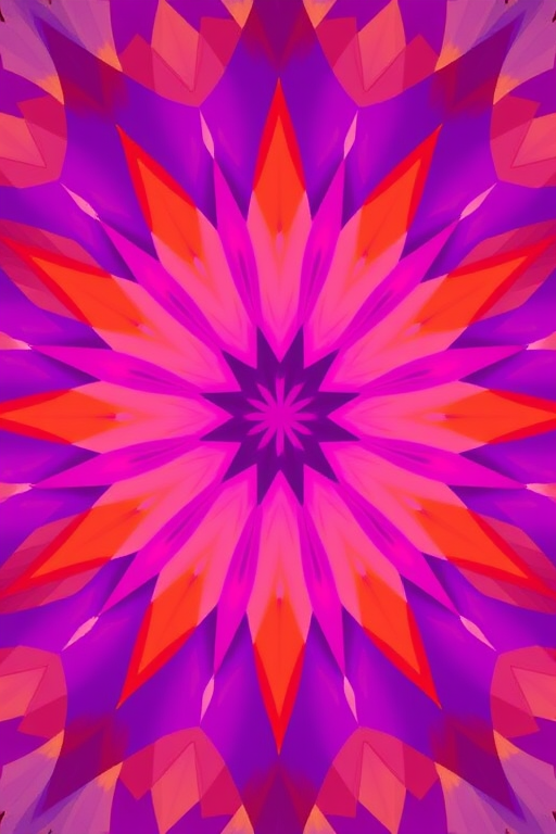 Create a vibrant geometric pattern featuring a starburst design with shades of purple, pink, and orange, shot with a Canon EOS R5, using a 50mm f/1.2 lens, at ISO 100, f/5.6, and a shutter speed of 1/250s for enhanced clarity and detail.