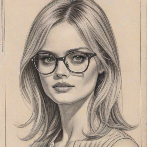 Wonderful Sara Paxton, pencil sketch, portrait of Alluring woman 1971s in glasses, hair style beatnik, outline, clear lines, fine lines, 8k