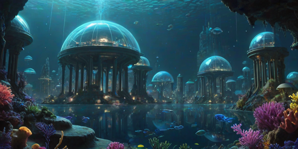 a surreal depiction of a sunken metropolis, sitting beneath the ocean, surrounded by a giant glass dome with buildings and bustling streets. Outside the dome, bioluminescent marine life glides gracefully by, bathing the cityscape in a soft, ethereal garden of glowing artificial corals, outfitted with LEDs that change color to reflect the time of day or weather changes. Neon-colored lines embedded in the seafloor outline different city areas, while intricate patterns of glowing veins soften the landscape. Fiber-optic cables run through the city, their ends gleaming to form a radiating line, and fish swim around.