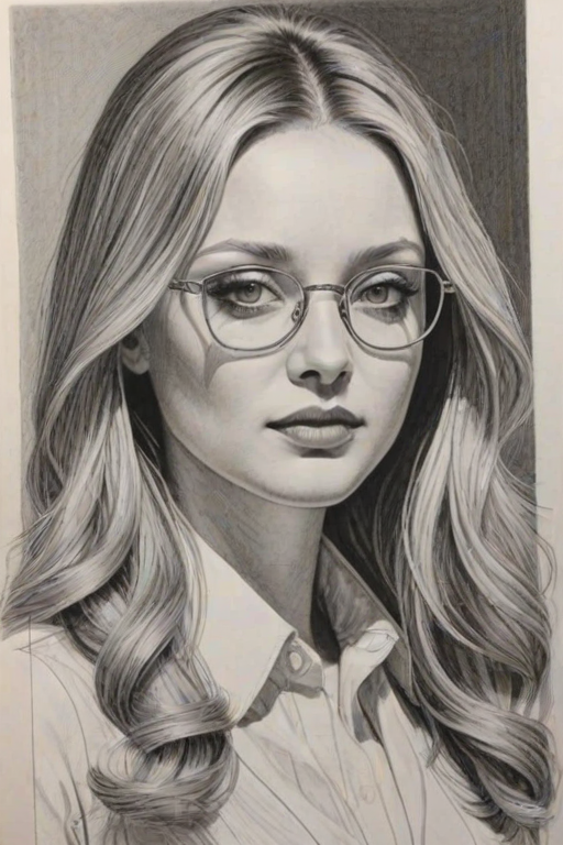 Alluring Elisabeth Harnois, pencil sketch, portrait of Dazzling woman 1973s in glasses, hair style beatnik, outline, clear lines, fine lines, 8k