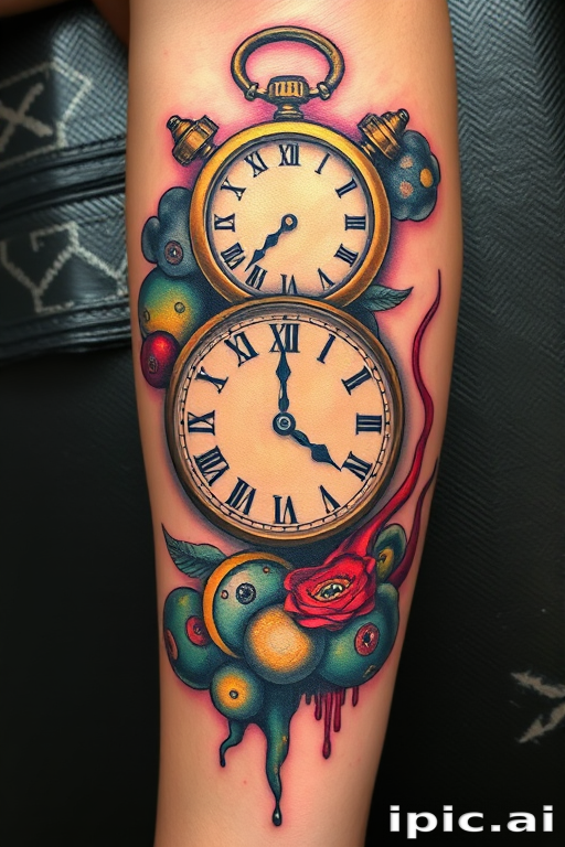 Surrealist "Melting Clock" tattoo inspired by Salvador Dali, featuring distorted timepieces and dreamlike imagery in a mix of soft pastels and bold primary colors